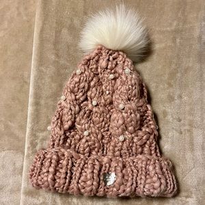 Betsy Johnson Cable Knit Winter Hat With Pom Pom and Pearl Details